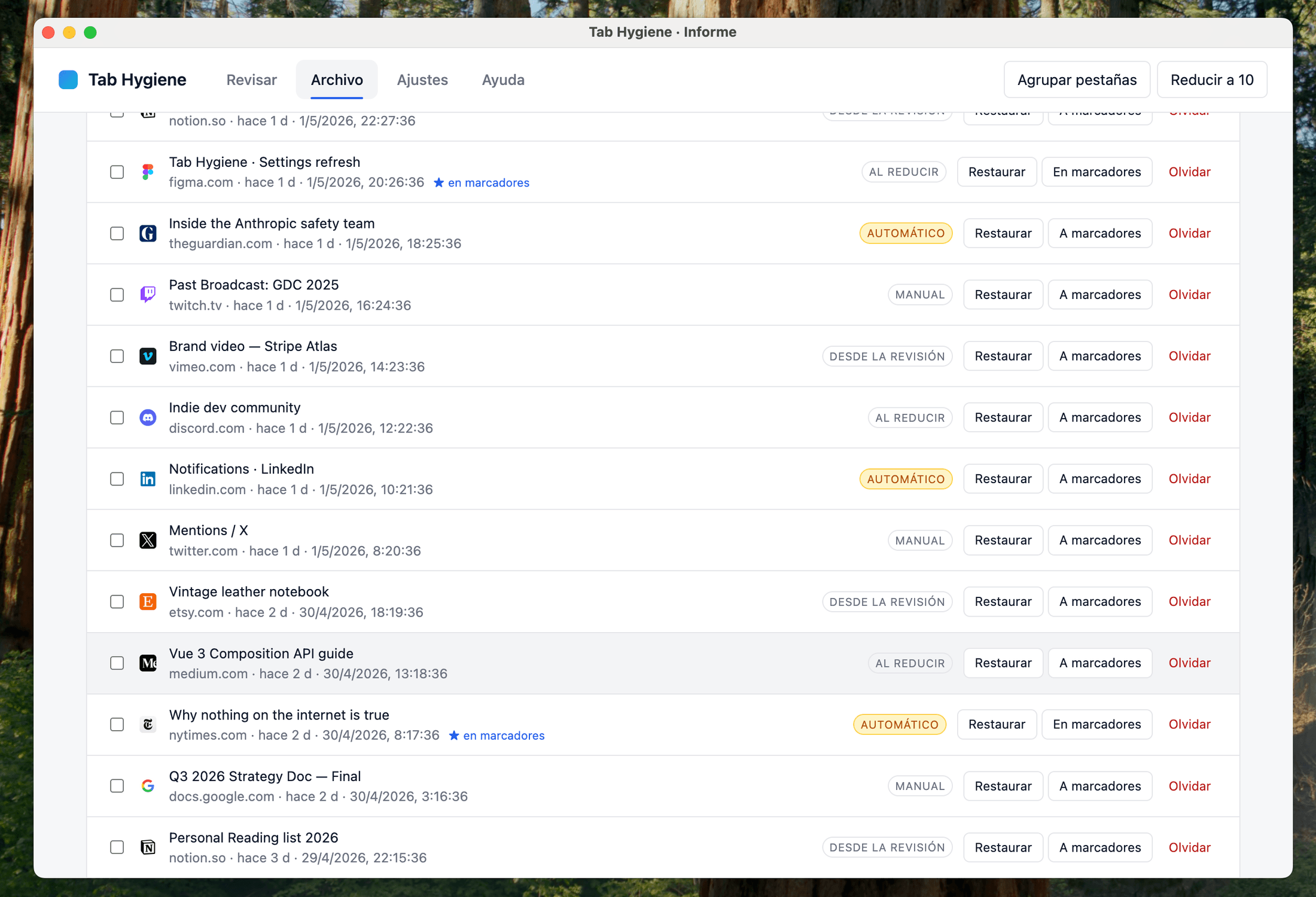 Ventana de resumen semanal de Tab Hygiene